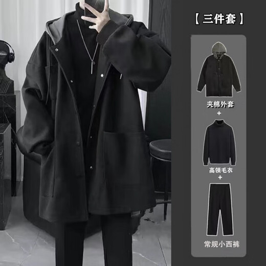Gxmy windbreaker men's high-end autumn and winter clothes men's handsome matching light and mature mid-length jacket men's suit plus velvet black jacket + black sweater + small trousers XL recommended 125-140Jin Jin equals 0.5 kg