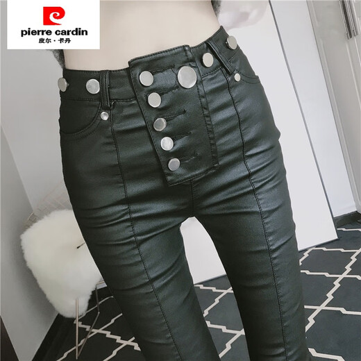 皮尔卡丹（pierre cardin）加绒显瘦时髦拉链机车仿皮裤女冬新款韩版高腰修身百搭小脚裤 腿拉链皮裤【9928款】 加绒 S 【80-95斤】卡码往大拍
