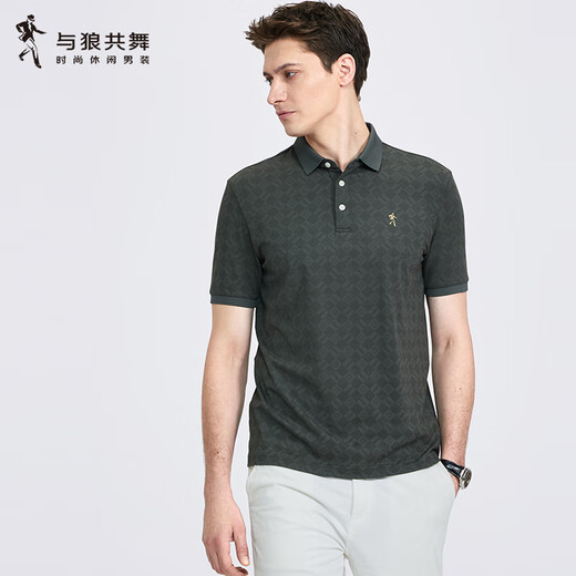 Baila con lobos tablero de ajedrez que contiene camiseta de manga corta con solapa de seda de morera para hombre 2025 verano nuevo polo transpirable jacquard 6191 gris verde 211 L (175)