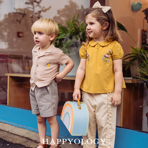 Happyology British children's princess embroidered girls' top lapel short-sleeved spring and summer shirt mango yellow 104 (104cm)