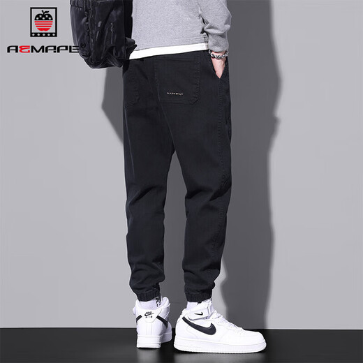 AEMAPE jeans men's trendy brand loose ties pinched pants men's 2025 spring and summer new style plush casual pants men 9859 black M