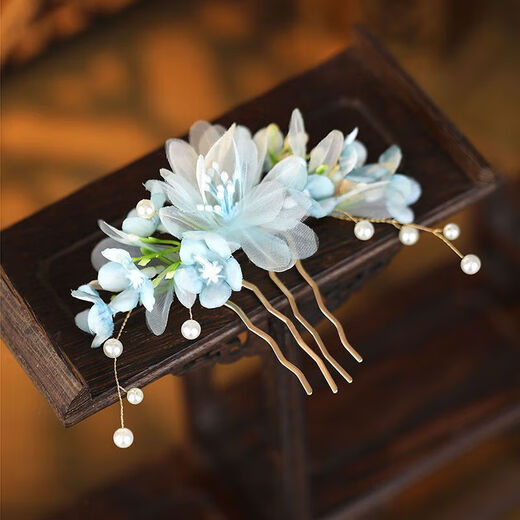 Meng Junchen Hanfu ancient style headdress female fairy silk flower hair comb flower hairpin tassel blue hair accessories clip set of accessories complete set of ear clips