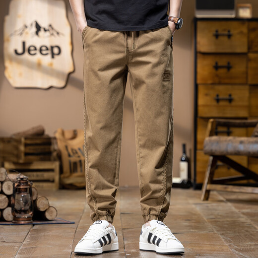 Jeep (JEEP) American genuine Jeep high-end pure cotton casual pants for men's autumn and winter trendy brand elastic waist tying feet Harem work pants camel color [same style in the counter] XL Recommendation 140-160Jin [Jin equals 0.5 kg]