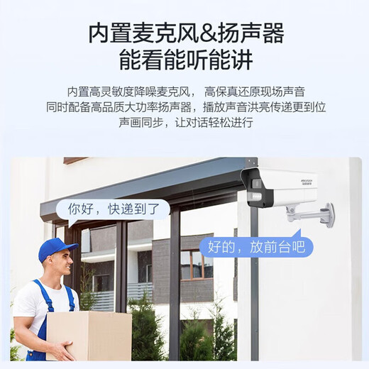 海康威视（HIKVISION）监控摄像头 400万智能补光 POE供电 室外防水内置录音 双向语音对讲 人形检测 DS-IPC-K24HV2-LT 标配+含支架【4mm镜头】 人形侦测|联动声音报警|
