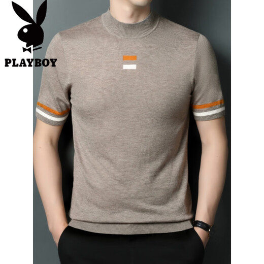 花花公子（PLAYBOY）针织半袖男春秋冬款羊毛衫短袖毛衣加厚冬季男士五分袖厚款土t恤 12121黑色 L 建议120-140斤
