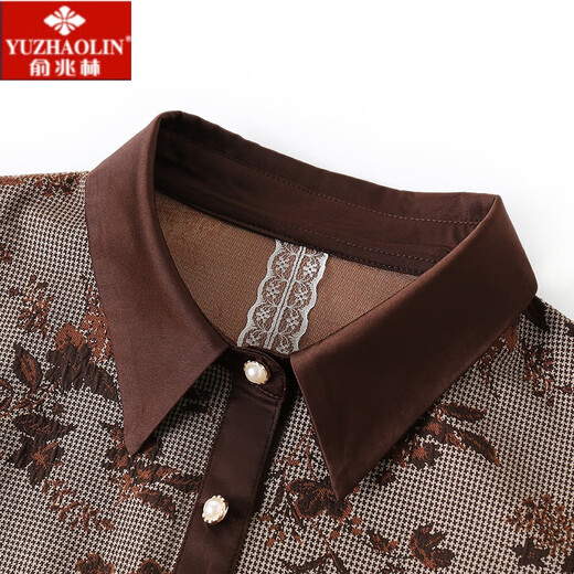 Yu Zhaolin (YUZHAOLIN) brand mother's spring and autumn fake two-piece dress, wide and stylish, new middle-aged and elderly women's long-sleeved shirt collar, coffee color XXL recommended 105-122 Jin Jin equals 0.5 kg