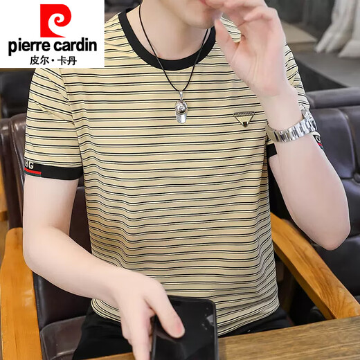 皮尔卡丹（pierre cardin）圆领条纹短袖t恤男士夏季棉凉感韩版修身半截袖潮流体恤 白色9902 LD M /165