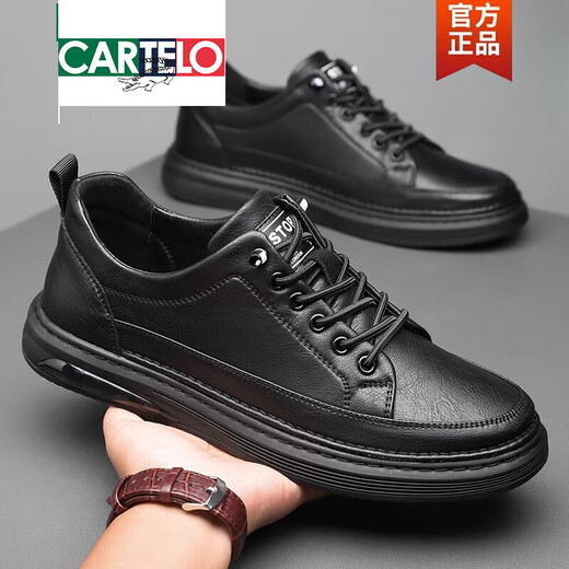 卡帝乐鳄鱼（CARTELO）男鞋新款2025秋季潮流软底百搭运动板鞋休闲透气皮鞋男真皮男款 黑色【四季款】DCR-6623 42