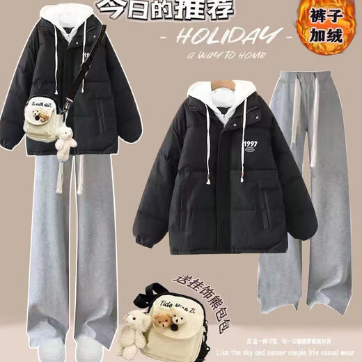 Fhhuabd Winter Frauenkleidung volle Set kleiner süßer Plüsch-verdickter Beutel für weibliche Studenten koreanische louse Brotplüschschwarze Hose 1396# S Empfohlen 80-95jin [Jin gleich 0,5 kg]