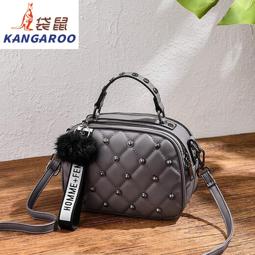 袋鼠（KANGAROO）斜挎小包包女2025时尚复古单肩包铆钉双层手提小方包 753# 黑色