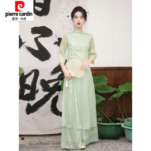 皮尔卡丹仙气汉服日常禅意茶艺师服装采耳古筝养生馆新中式旗袍连衣裙 689浅绿套装 S