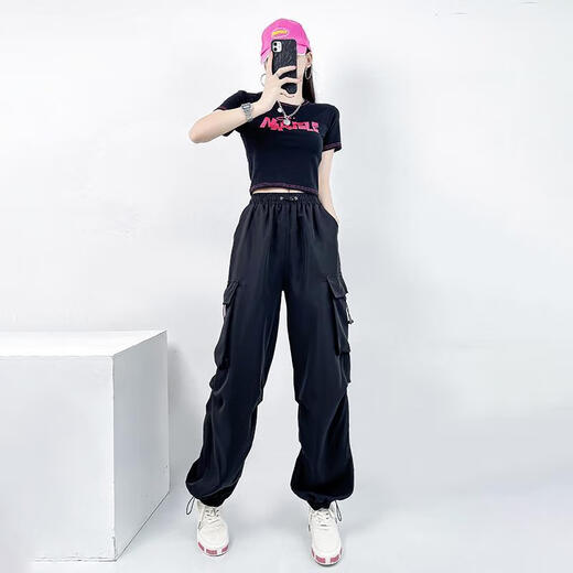 熊司令小个子爵士舞套装广场舞蹈kpop跳舞套装女夏爵士舞服装运动穿搭街 386黑短袖+1049玫红裤子 均码 s