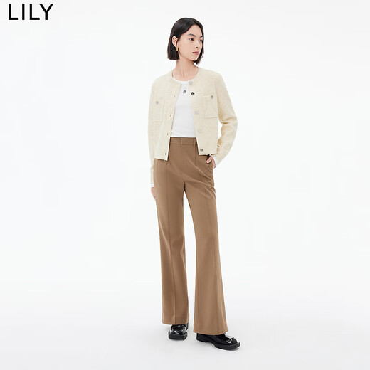 LILY秋新款女装别致开叉含垂坠感时尚通勤复古微喇休闲裤 719栗棕 L