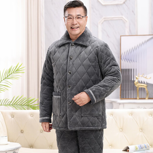 Xuanduoqi Pajamas hommes en hiver épaissis de corail épaissis en velours à trois couches papa de flanelle de coton de l'âge moyen et de vêtements de maison âgée C9903 # hommes gris noir [Velvet de lait] xxxl (165-200jin [Jin est égal à 0,5 kg])