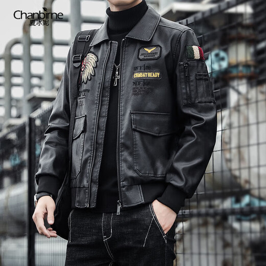 Xia Bingni jacket men's leather jacket men's slim and handsome embroidered autumn and winter new lapel plus velvet pilot motorcycle suit black (plus velvet winter style) L