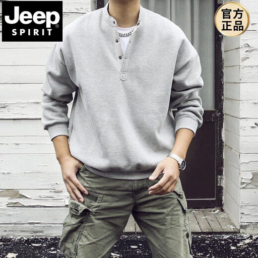 JEEP SPIRIT Japanese retro autumn and winter men's Henry collar long-sleeved solid color T-shirt bottoming shirt loose casual pullover stand-up collar sweatshirt Gray Main picture M