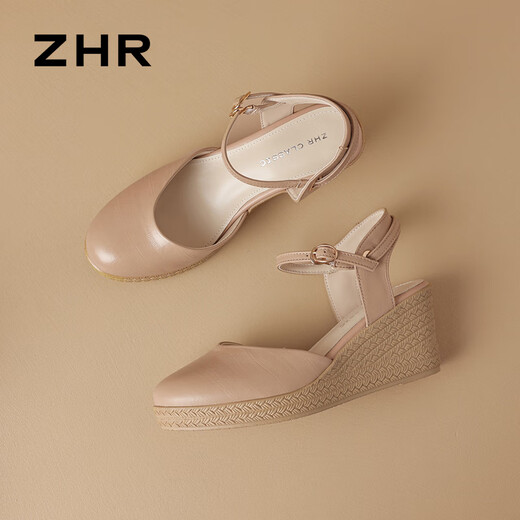 ZHR sandals for women, lightweight cowhide shoes for women, round toe heightening, heeling, women's series S223 nude color 37