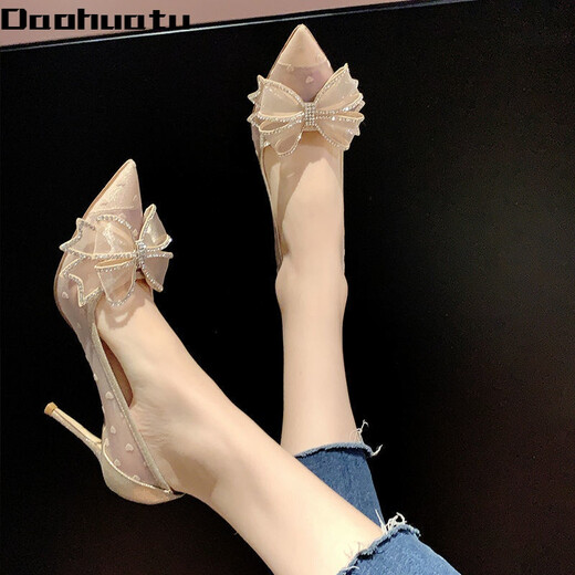 Daohuatu rhinestone bow high heels women's stiletto heels 2021 summer new versatile lace pointed crystal single shoes wedding shoes mesh black upgraded version 5 cm 35 standard size