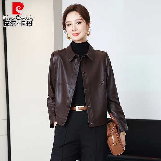 Pierre Cardin Haining Genuine Leather Jacket Women's Maillard Sheepskin Short Jacket High-end Retro Light Oil Wax Jacket Motorcycle Wear Trendy Brown M 90Jin Jin is equal to 0.5kg -105Jin Jin is equal to 0.5kg