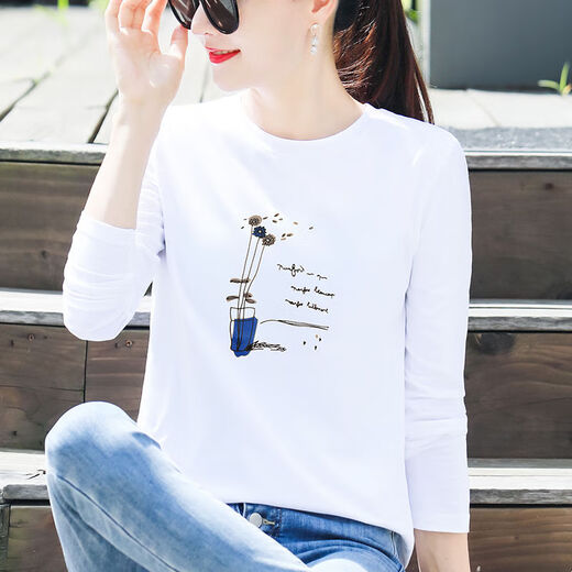 皮尔卡丹纯棉长袖上衣t恤女士新款秋季印花显瘦薄款圆领百搭简约打底衫 723#灰粉 【长袖】 XL 【建议110-125斤】