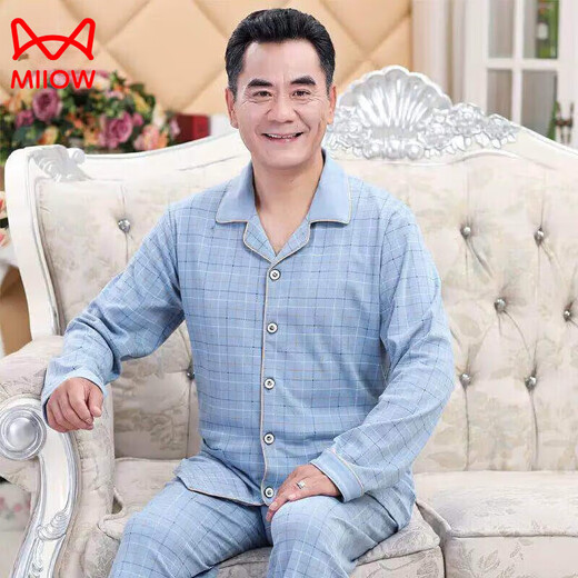 猫人男士睡衣中年中老年人春秋款季新疆棉长袖家居服秋冬款爸爸父 1381 L 建议110-140斤