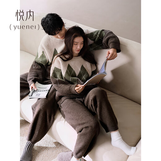 Yuenei Half Velvet Couple Pajamas Women's Autumn and Winter Coral Velvet Plus Velvet Warm Home Clothing Men's Pullover Set 34244 Tea Brown Men's L (Male 110-140 Jin Jin equals 0.5 kg / Female 110-120 Jin Jin equals 0.5 kg)