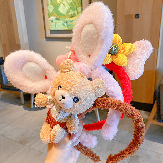 Rongxia little girl hair accessories, children's bow, plush hair hoop, hairpin, autumn and winter cute face wash headband, pink rabbit