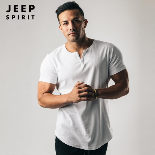 JEEP SPIRIT muscular man fitness round neck buttoned short-sleeved t-shirt cotton slim fit tough guy henley shirt sports top solid color t summer white XL