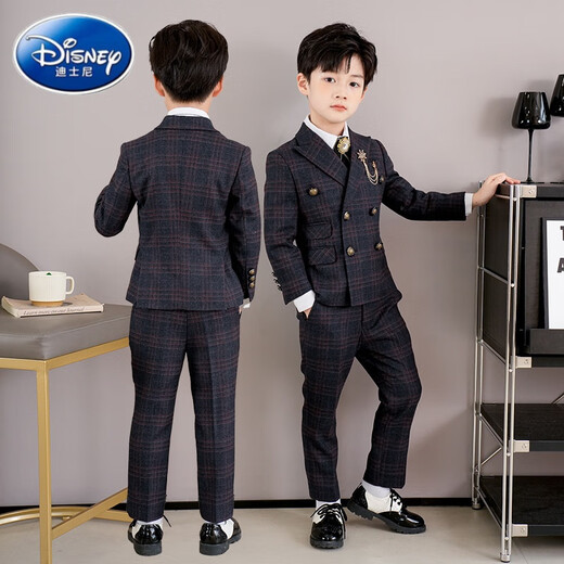 Costumes pour enfants Disney, beaux combinaisons de garçons de fleurs, robes de garçons britanniques, performance de piano pour enfants du milieu à la place, manteau orange bleu foncé + gilet + pantalon + fleur de col + poitrine 90 cm Poids recommandé 25-30 Jin [Jin est égal à 0,5 kg]