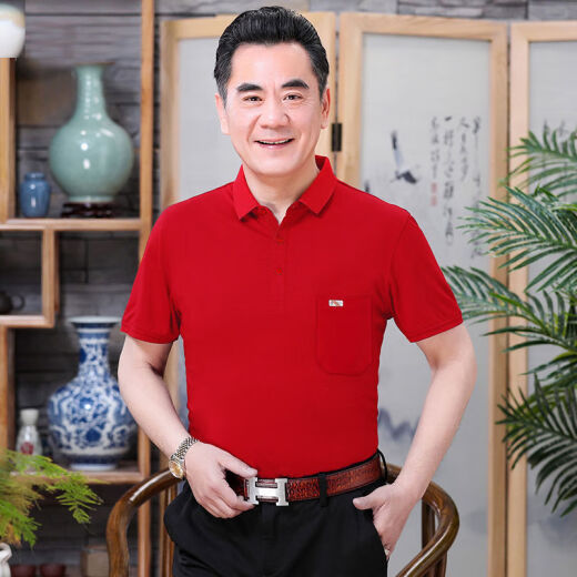 普戈斯夏季纯棉短袖t恤男士宽松中老年男装翻领上衣大红色夏天爸爸衣服 翻领701红色 XL 52# 【135-150斤】