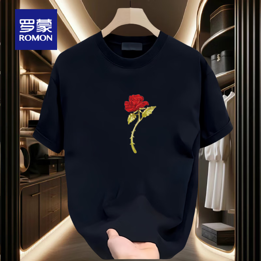 
ROMON short-sleeved T-shirt for men and women couples wear trendy round neck printed T-shirt cotton simple loose versatile half-sleeved top summer black front large picture K1049 single red rose M recommended 100-120 Jin [Jin equals 0.5 kg]