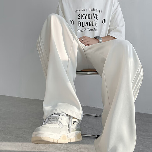 
POUM casual pants men's summer high street trendy brand straight pants ice silk draping loose wide-leg sports long pants men 101WP-K125 white regular 3XL
