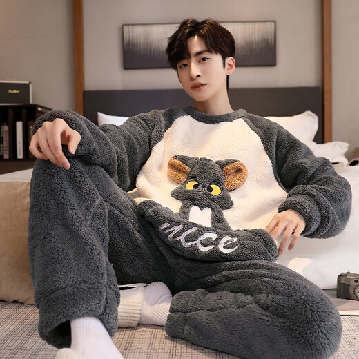 Antarctic Men's Pajamas Men's Autumn and Winter Plus Velvet Thickened Pullover Flannel Home Clothes Can Be Weared Outside Pajamas Cartoon XL