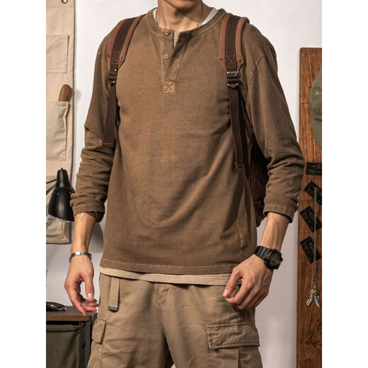 JEEP SPIRIT轻奢斤大码男装美式复古亨利衫亨利领长袖T恤男纯色打底衫百 军绿色 XL 建议120-150斤