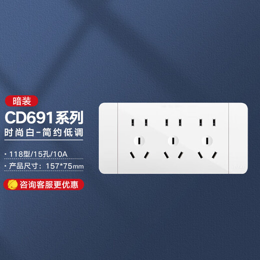 Delixi Switch Socket Panel CD691 Serie 118 Typ Drei-Position Fünf-Loch 15-Loch-Socket Panel Mode weiß