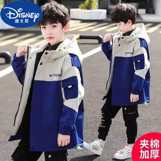Disney (Disney) Boys Autumn and Winter Jackets 2025 New Children's Mid-Length Windbreaker Casual and Fashionable Velvet Thickened Big Children's Cotton Clothes Blue New Windbreaker Plus Velvet Thickened 160 Recommended Height Around 145-155 cm