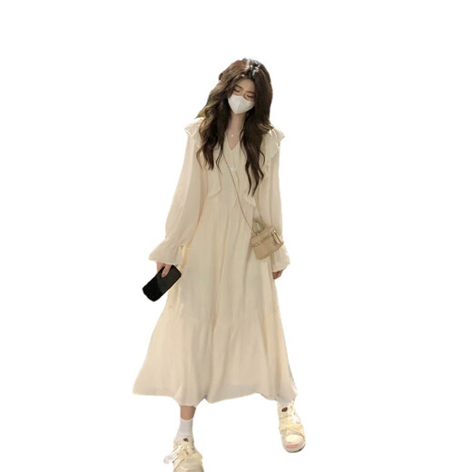 
French-style long-sleeved long-sleeved dress for women in autumn new design high waist slim long skirt light apricot color #1048 S