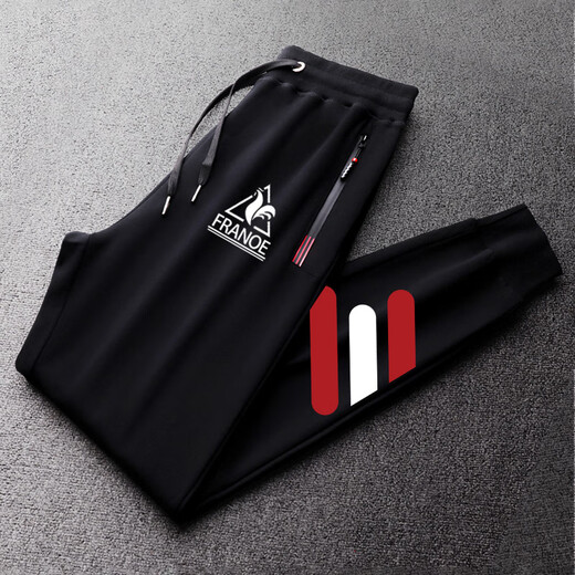 Le coq sportif French big cock casual sports pants for men in spring, autumn and winter new fashion versatile running leggings long pants black non-velvet flat-leg sweatpants red and white three stripes 3XL recommended 180-200Jin Jin equals 0.5 kg