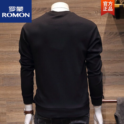 ROMON Men's T-shirt Sweatshirt Spring and Autumn New Pullover Top Korean Style Trendy Slim Youth Round Neck Simple Casual Basement Black M Recommended 100125Jin Jin is equal to 0.5 kg