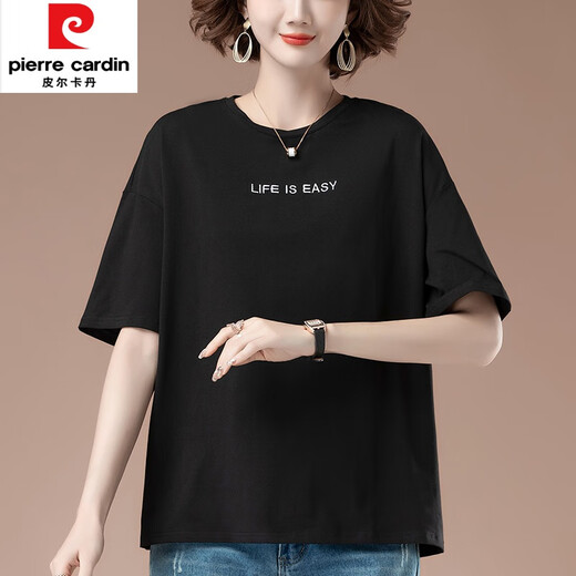 皮尔卡丹（pierre cardin）尺码夏季新款宽松刺绣短袖t恤女中年妈i妈休闲纯|棉上衣 9892咖啡 L 100-115斤