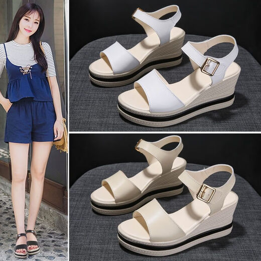 Spechtleder-Leder bequeme Keilsandalen für Frauen 2025 Sommer neuer Schwammkuchen dicker Sohle vielseitiger Außenverschleiß Anti-Rutsch-Sandalen mittleren Alters mittlerer Alters beige [Boutique Frauenschuhe] 36