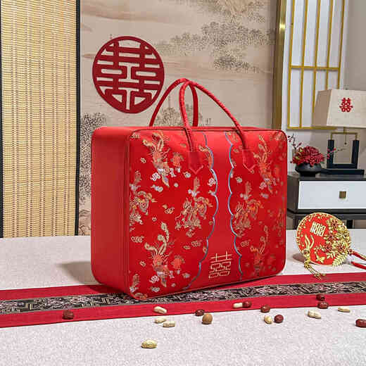 Qing Yu Xi quilt storage bag high-end wedding red four-piece suit with handbag Oxford cloth Dragon and Phoenix Chengxiang high-end satin embroidery fabric XL 60*50*33 pack 8-12 Jin Jin equals 0.5 kg quilt