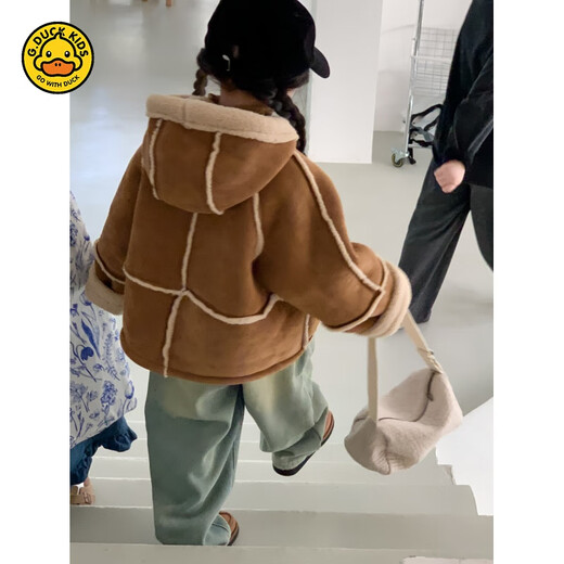 G.DUCKKIDS Kindermantel Herbst und Winter Mädchen Maillard Dicker Samt-Kapuzenpelz-All-in-One-Mantel Verdickter kurzer, warmer Oberteil-Kapuzenfell-All-in-One-Mantel 110 cm