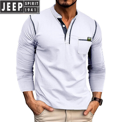JEEP SPIRIT Henley long-sleeved T-shirt men's 2025 new American retro heavyweight men's seamless barrel knitted Henley collar bottoming shirt royal blue L US