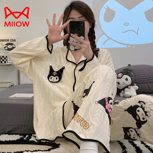Cat Man (Miiow) reines Baumwollpyjama für Frauen im Frühjahr und Herbst neue langärmelte Hosen lose Strickjacken süße Cartoon niedliche Heimkleidung 9203 Erdbeerbär L [vorgeschlagen 100-120jin [Jin gleich 0,5 kg]]]