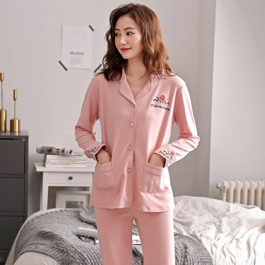 
YOUTINGFEI pajamas for women in spring and autumn pure cotton long sleeve thin loose cotton home clothes for women in autumn large size set for outside wear YD-829 pink XL (height 160-170 weight 125-140)