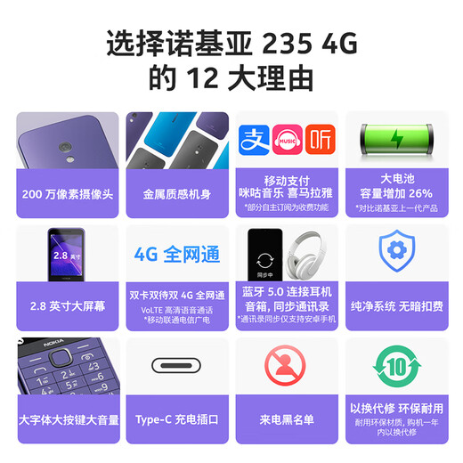 诺基亚（NOKIA）235 4G 移动联通电信全网通 2.8英寸双卡双待 直板按键手机 老人老年手机 学生手机 紫色
