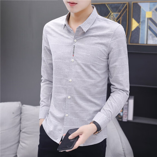 Playboy Shirt Men's 2022 Spring and Autumn New Long Shirt Korean Style Casual Business Versatile Striped Handsome Youth Slim Trendy Inch Top Casual Light Mature Men's Clothing 1013 Light Gray 3XL
