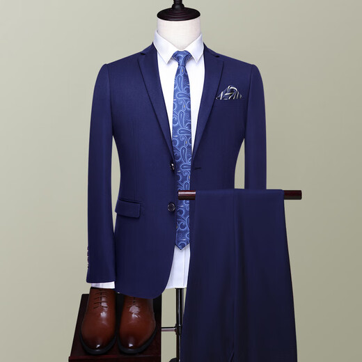 ROMON suit men's high-end customized slim professional formal attire business small suit men's wedding groom's best man's clothing A dark blue double button 11-piece set M size (plus 8 gifts)