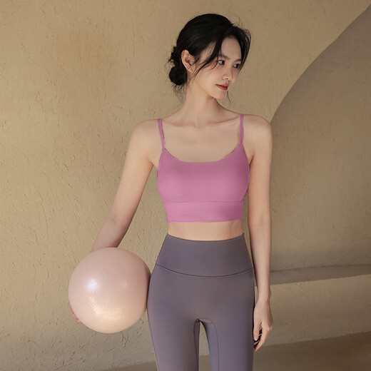 LULU CENTURY Sports Bra Women's Summer Shockproof Back Beautiful Yoga Wear Vest All-in-One Pilates Training Quick-Drying Fitness Bra Velvet Pink Fixed Cup M